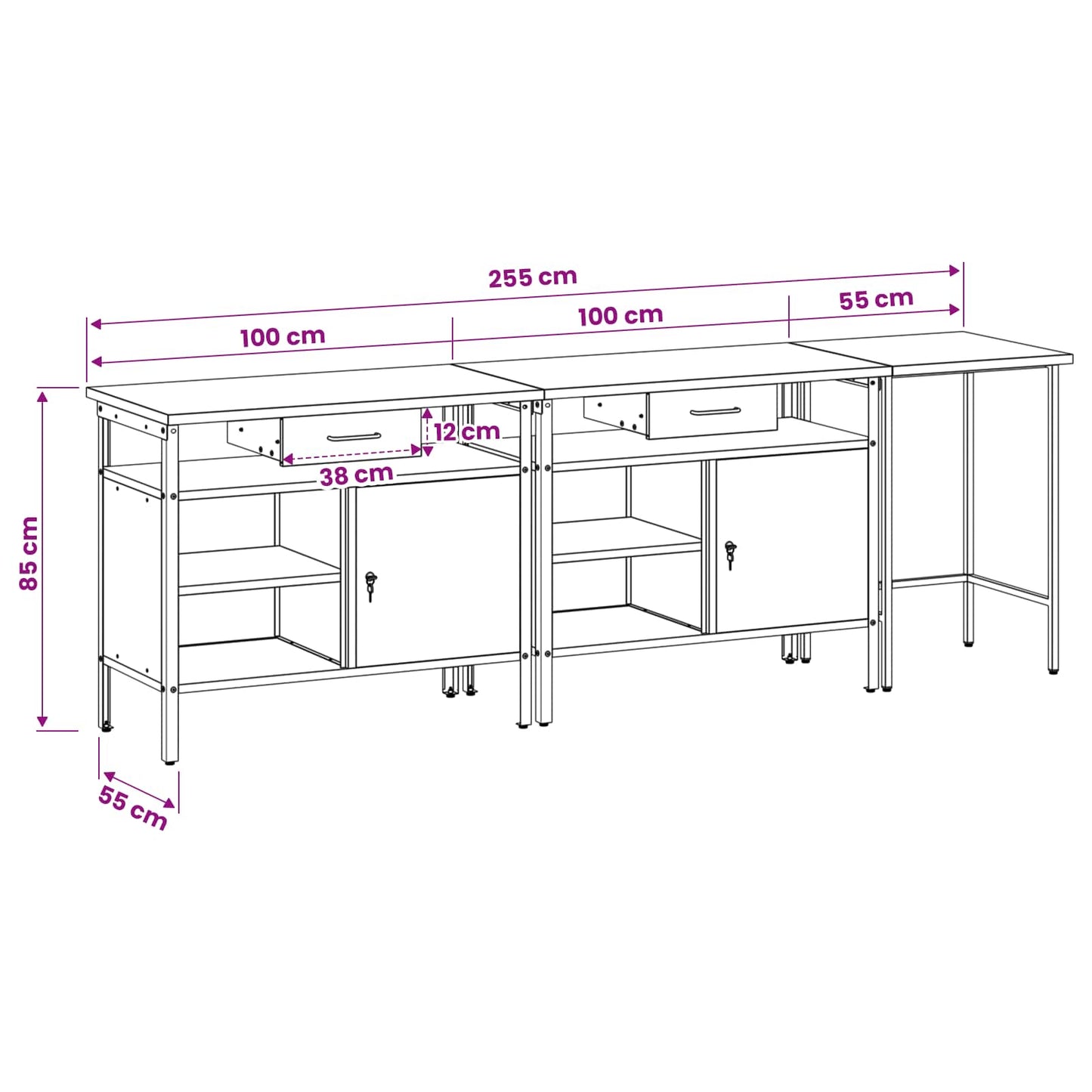Work Bench Set with Lock 3 pcs Red and Grey Powder-Coated Steel
