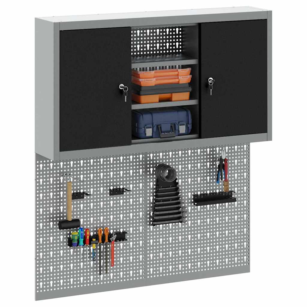 Tool Cabinet Set with Shelf 3 pcs Black Powder-Coated Steel