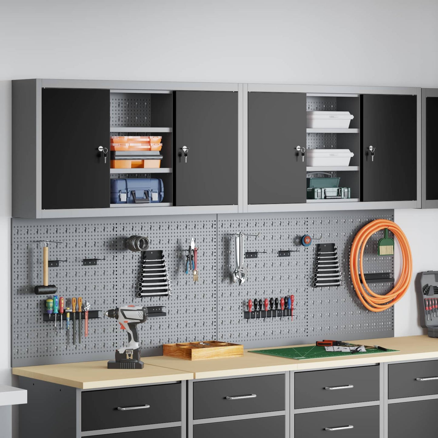 Tool Cabinet Set with Shelf with Storage 4 pcs Black Steel