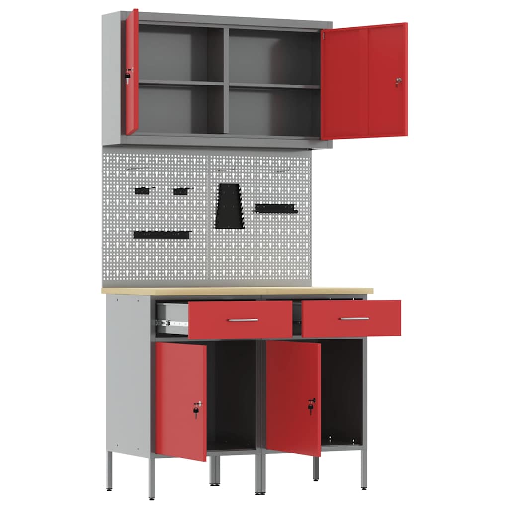 Work Cabinet with Drawer 5 pcs Red Engineered Wood and Steel