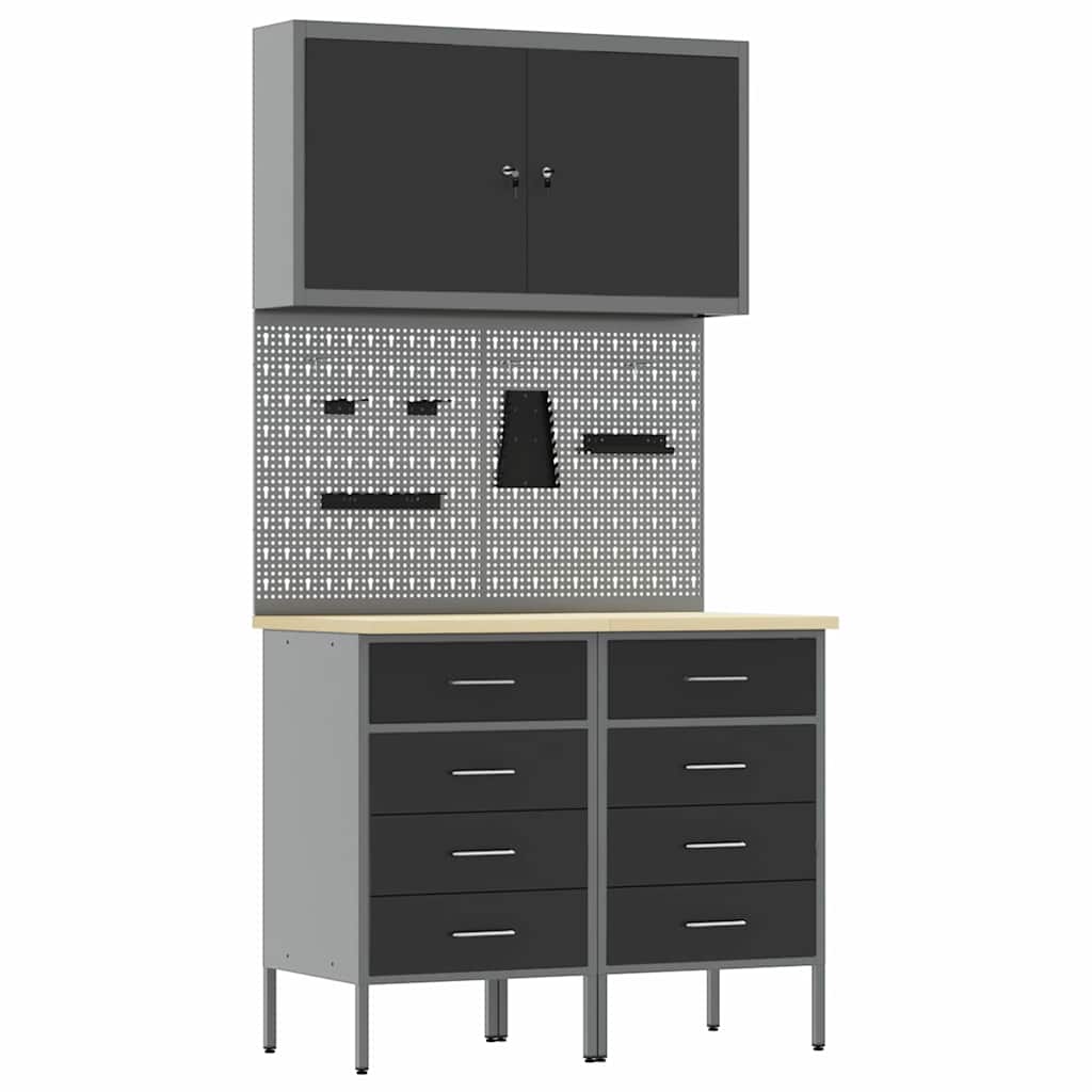 vidaXL Work Bench with Drawer 5 pcs Black 100 x 55 x 200 cm Steel