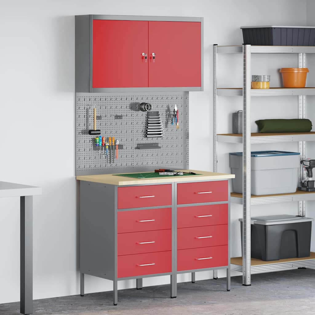 Work Cabinet 5 pcs Red and Grey Engineered Wood and Steel