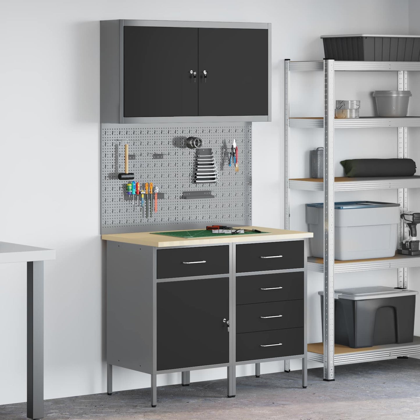 Work Cabinet with Drawer 5 pcs Black Engineered Wood and Steel