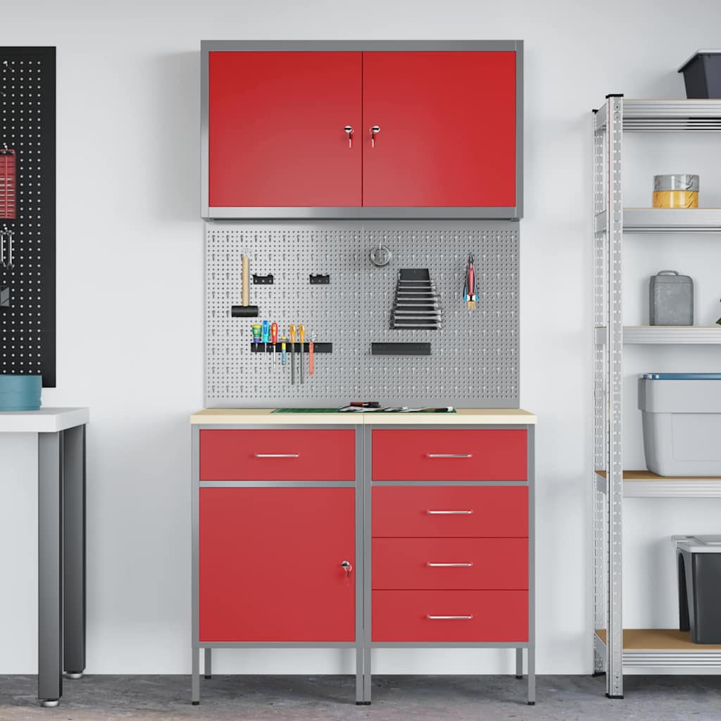 Work Cabinet with Drawer 5 pcs Red Engineered Wood and Steel