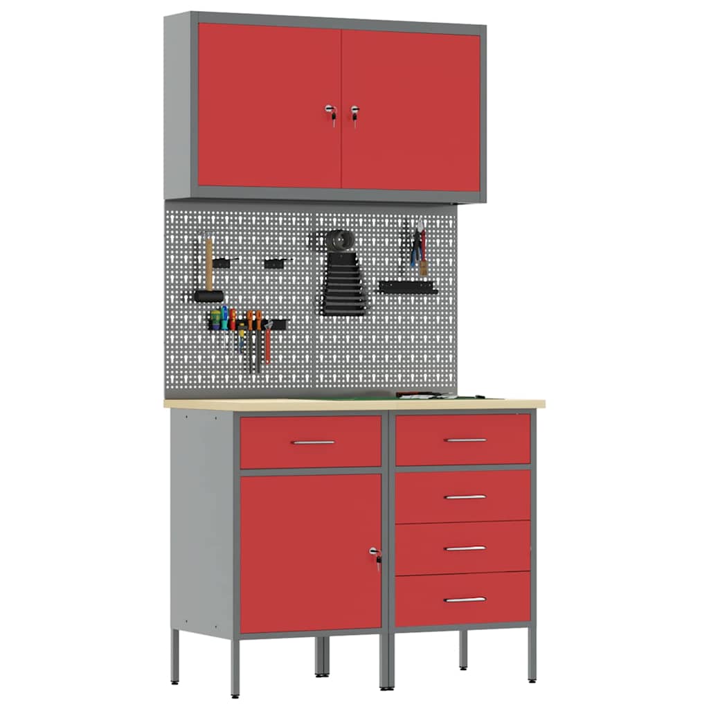 Work Cabinet with Drawer 5 pcs Red Engineered Wood and Steel