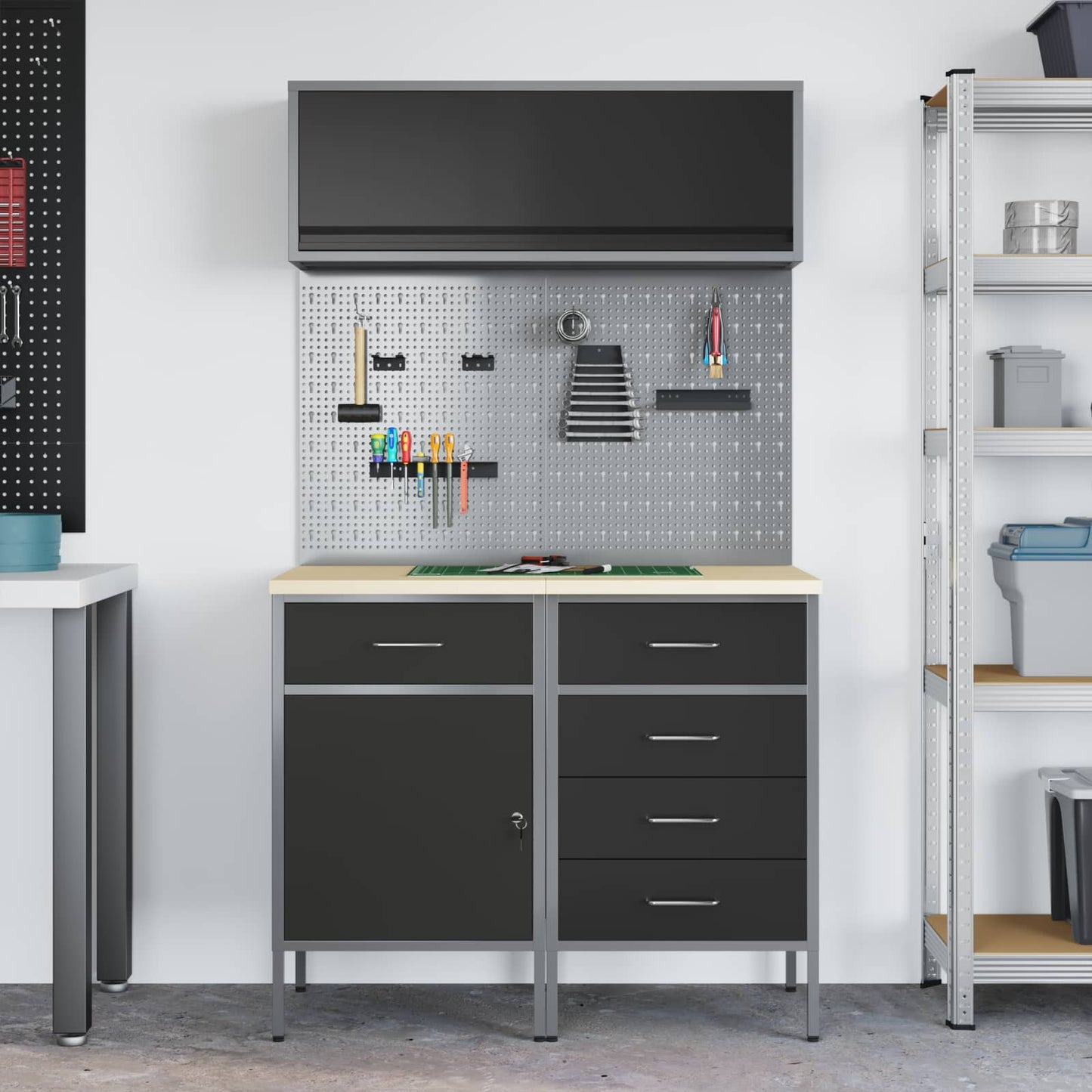Work Cabinet Set with Drawer with Shelf Manual 5 pcs Black