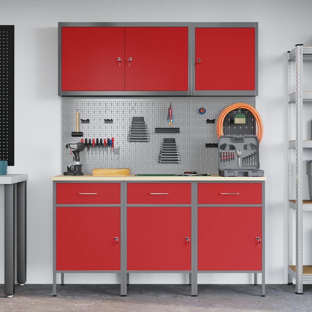 Work Cabinet with Drawer 8 pcs Red Engineered Wood and Steel