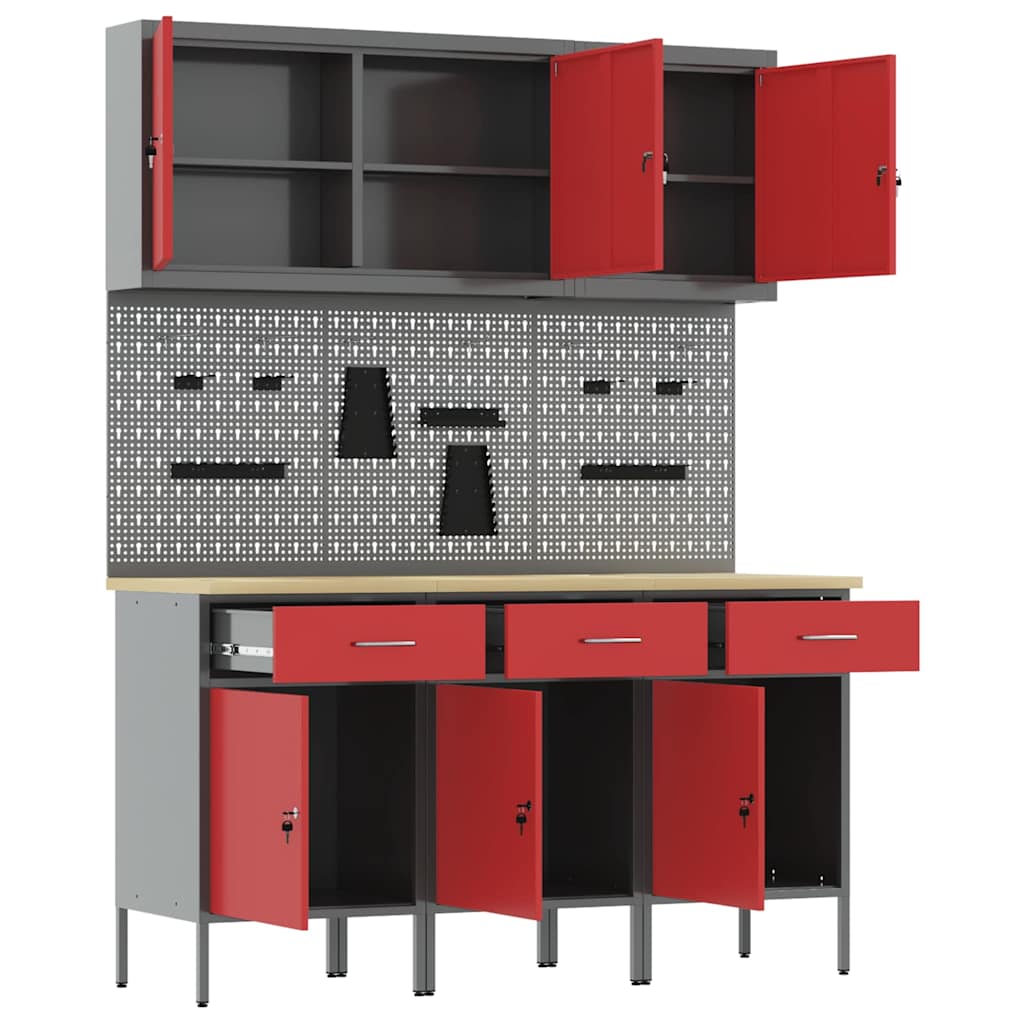 Work Cabinet with Drawer 8 pcs Red Engineered Wood and Steel