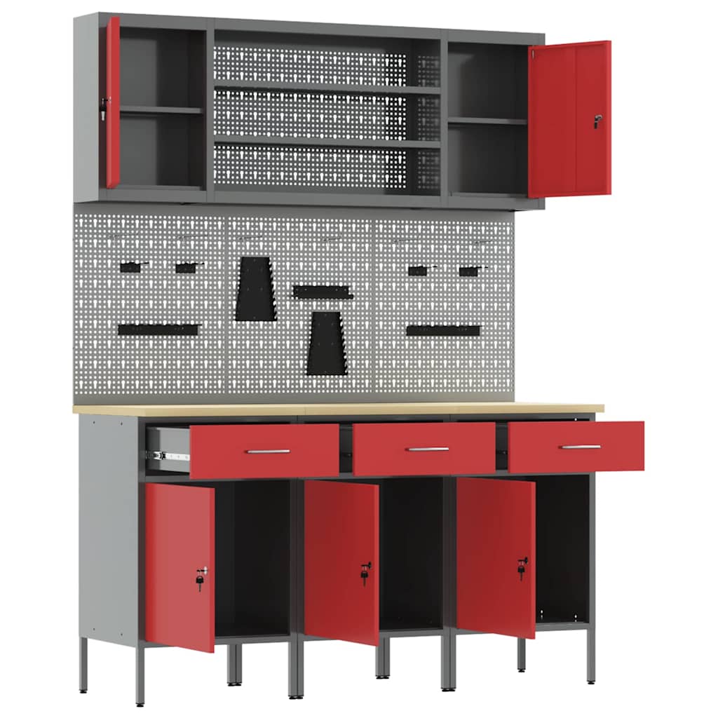 Work Cabinet with Drawer 7 pcs Red Engineered Wood and Steel