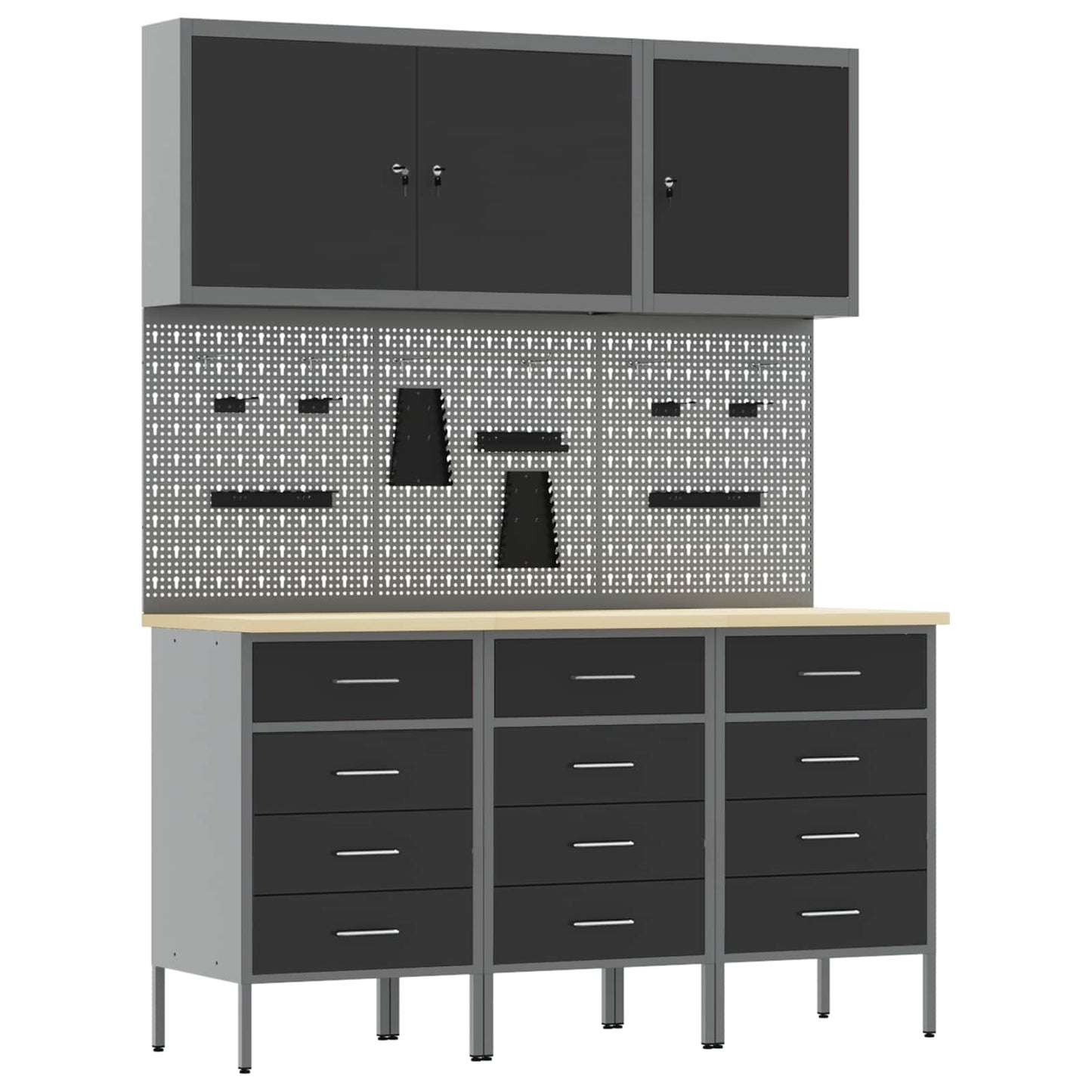 Work Cabinet with Drawer 8 pcs Black Engineered Wood and Steel