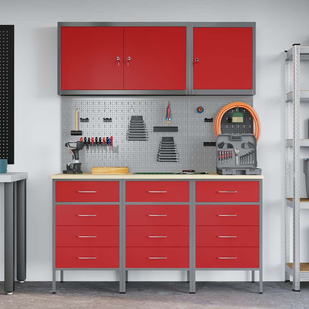 Work Cabinet with Drawer 8 pcs Red Engineered Wood and Steel