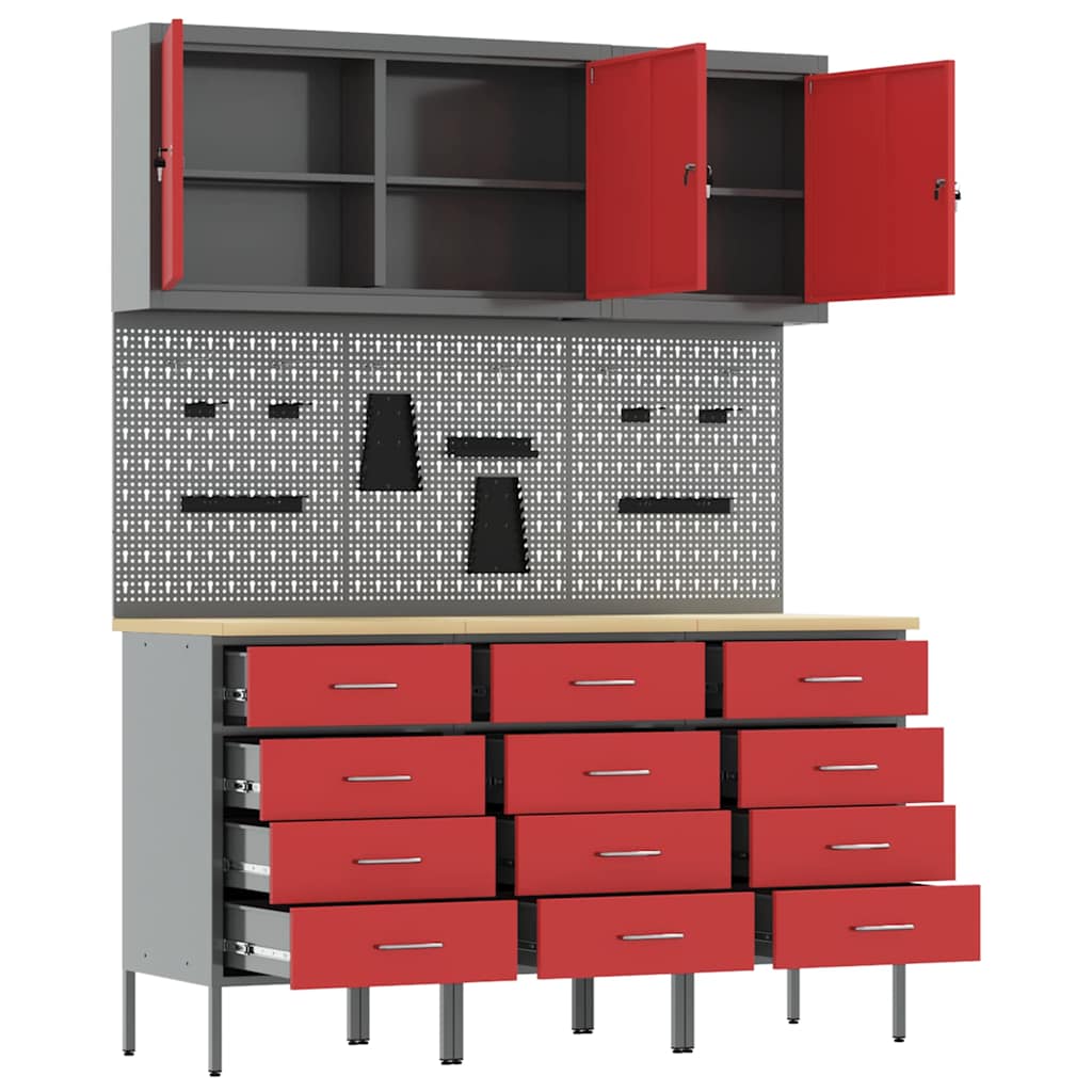 Work Cabinet with Drawer 8 pcs Red Engineered Wood and Steel