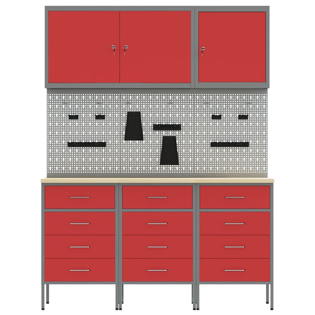 Work Cabinet with Drawer 8 pcs Red Engineered Wood and Steel