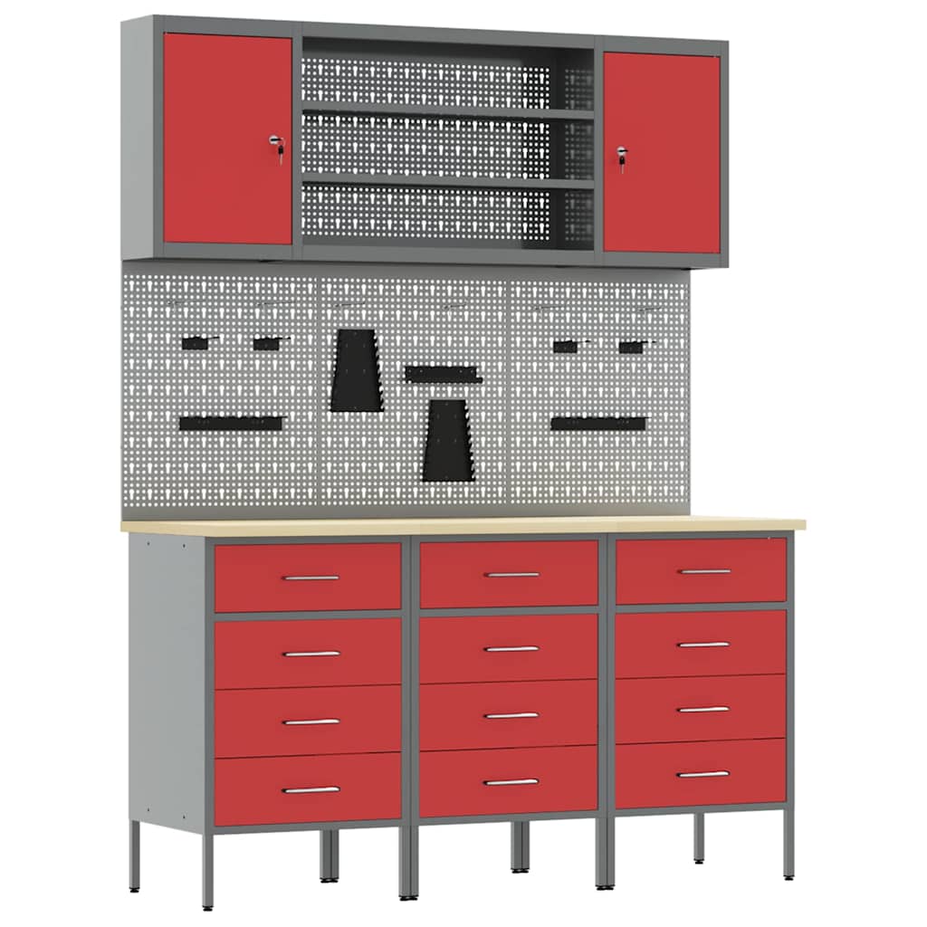 Work Cabinet with Drawer 7 pcs Red Engineered Wood and Steel