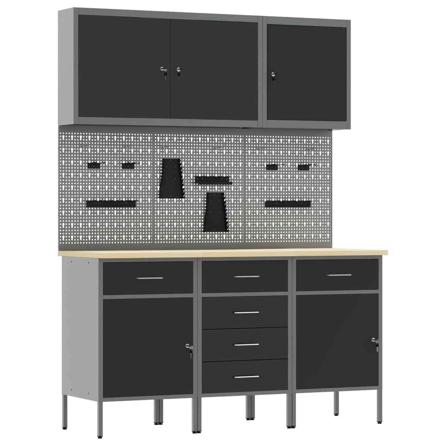 Work Cabinet with Drawer 8 pcs Black Engineered Wood and Steel