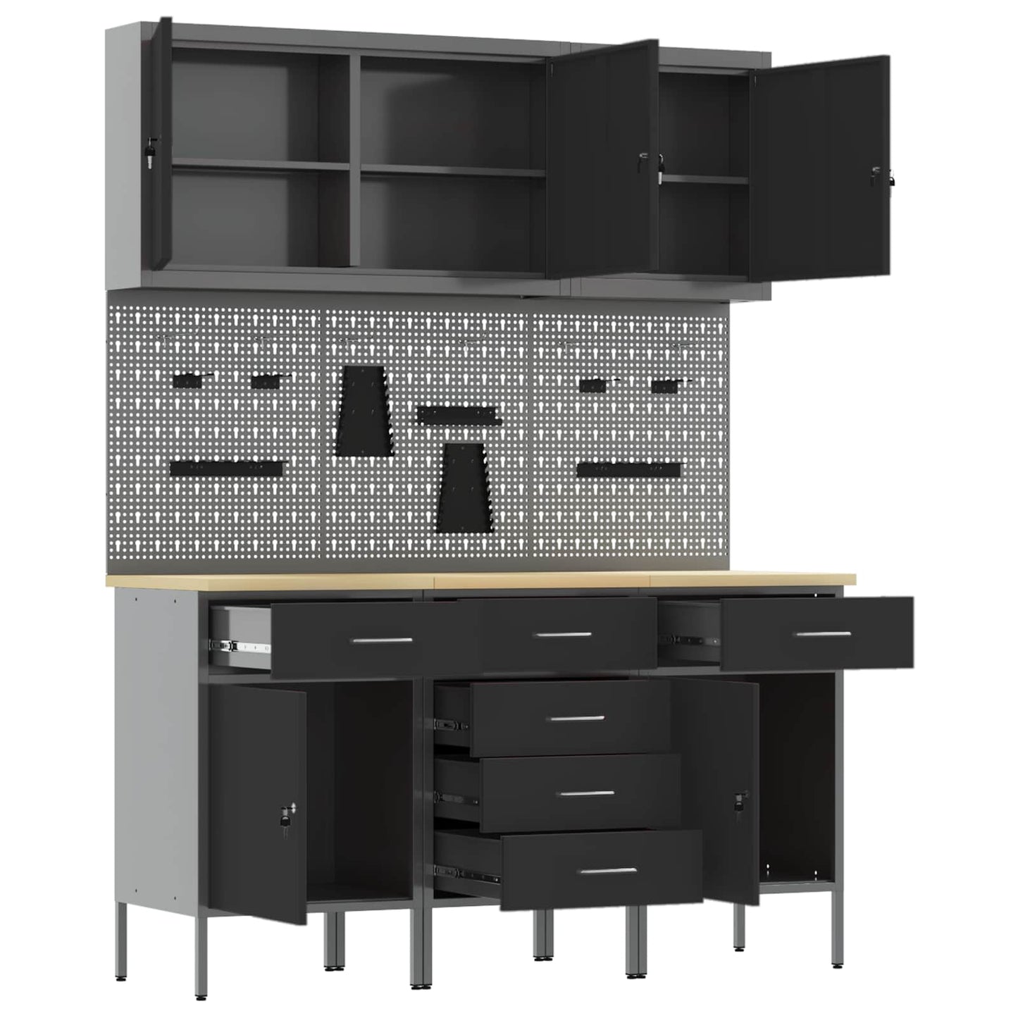 Work Cabinet with Drawer 8 pcs Black Engineered Wood and Steel