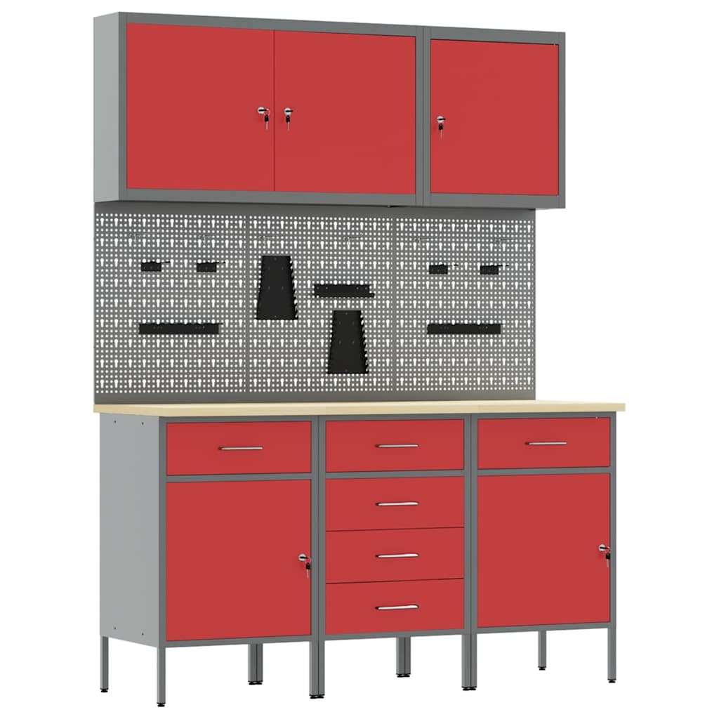 Work Cabinet with Drawer 8 pcs Red Engineered Wood and Steel