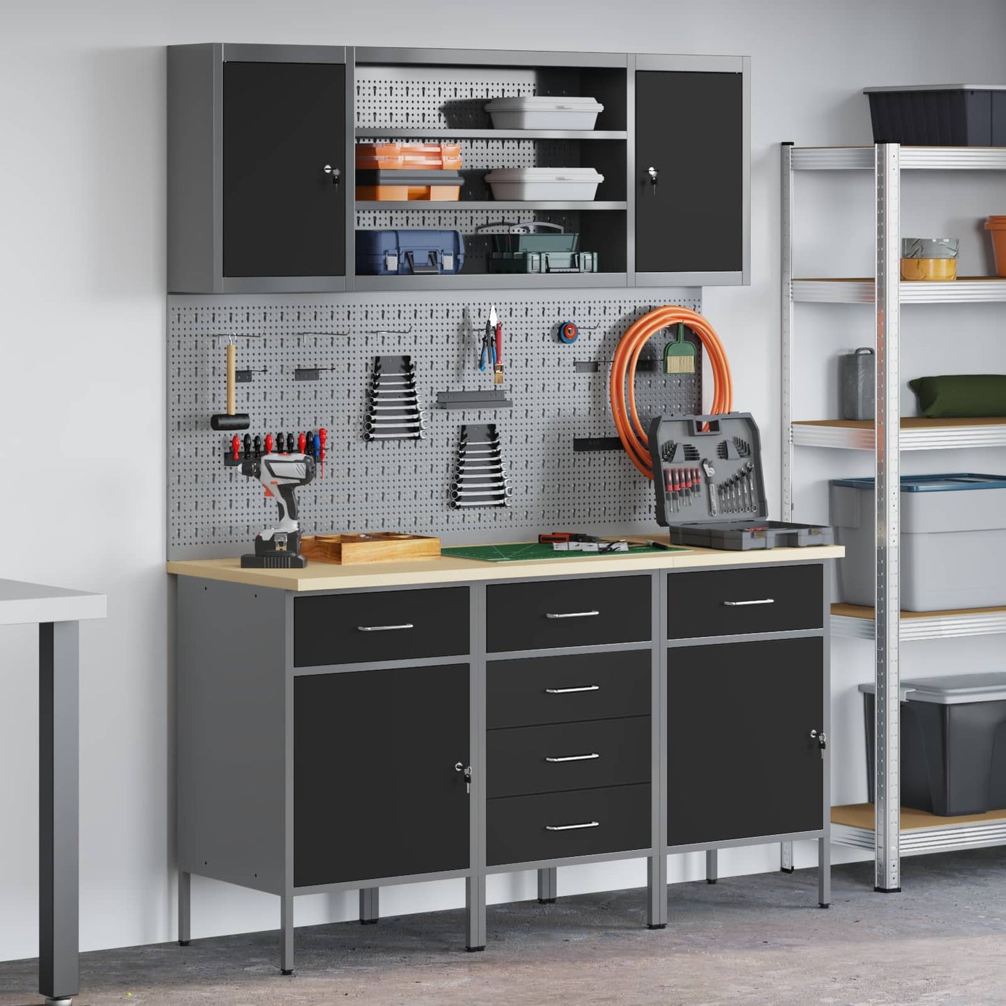 Work Cabinet with Drawer 7 pcs Black Engineered Wood and Steel