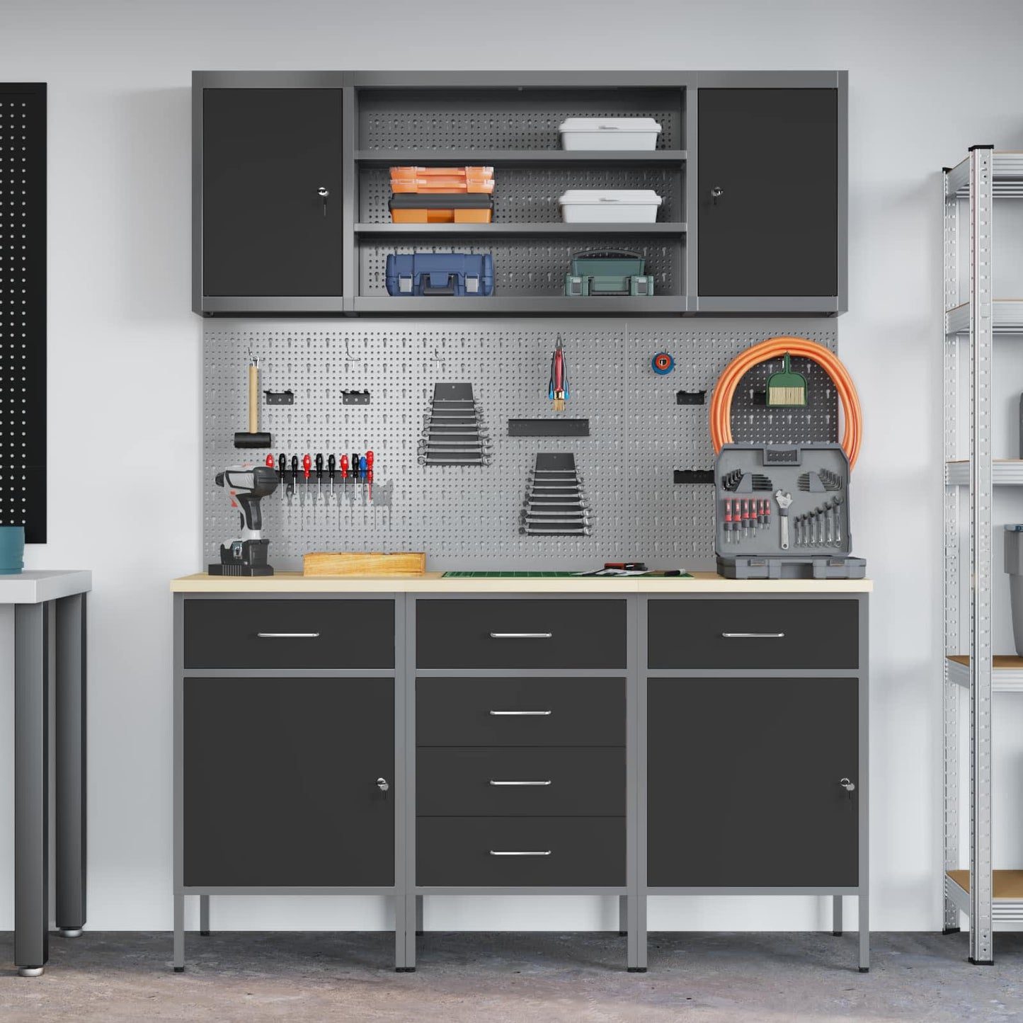 Work Cabinet with Drawer 7 pcs Black Engineered Wood and Steel