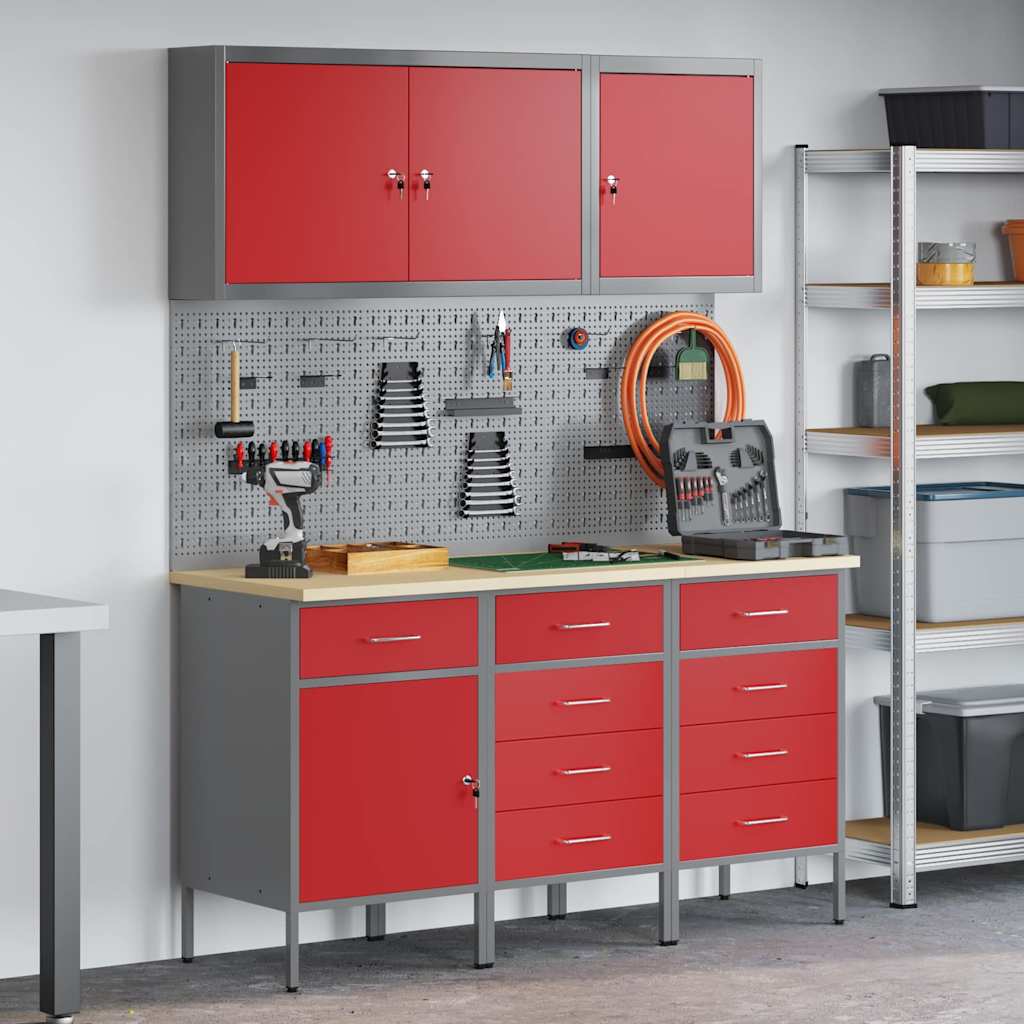 Work Cabinet with Drawer 8 pcs Red Engineered Wood and Steel