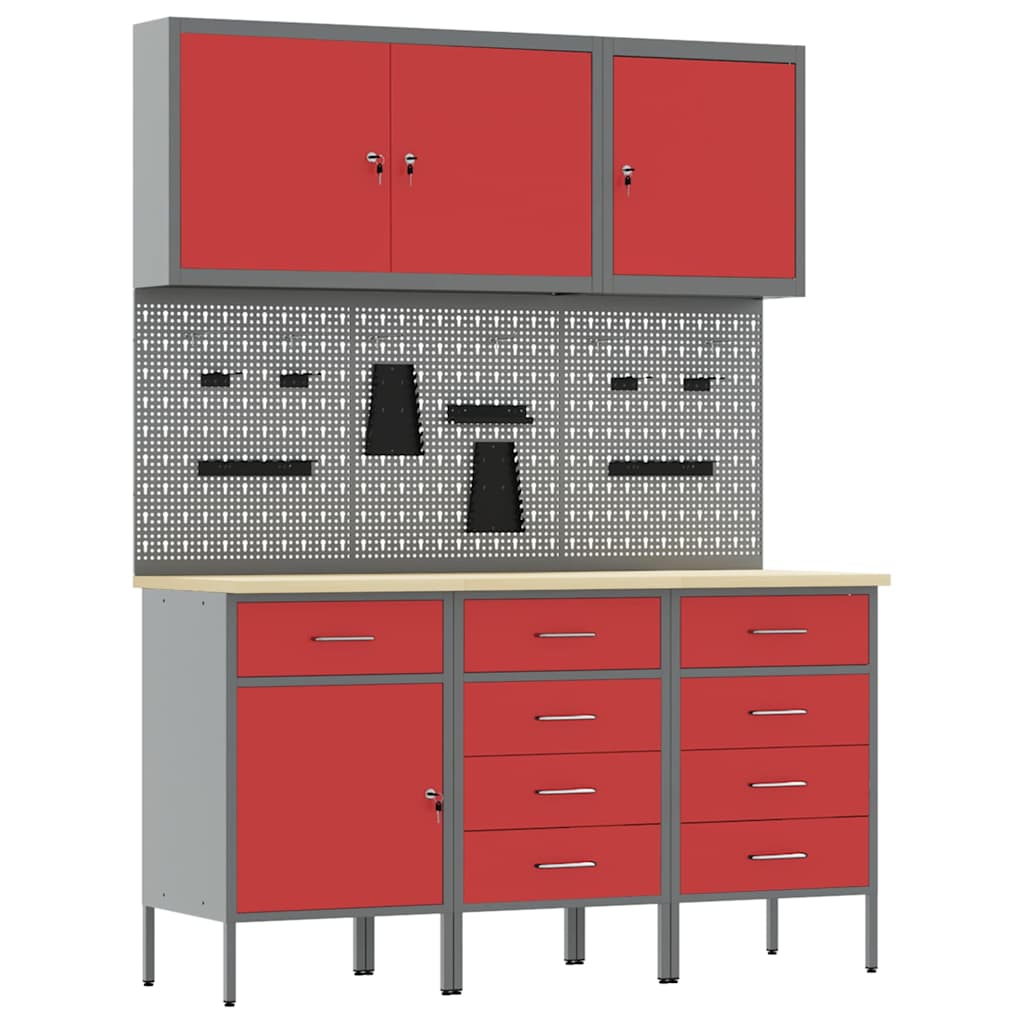 Work Cabinet with Drawer 8 pcs Red Engineered Wood and Steel