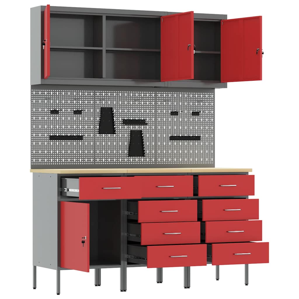 Work Cabinet with Drawer 8 pcs Red Engineered Wood and Steel