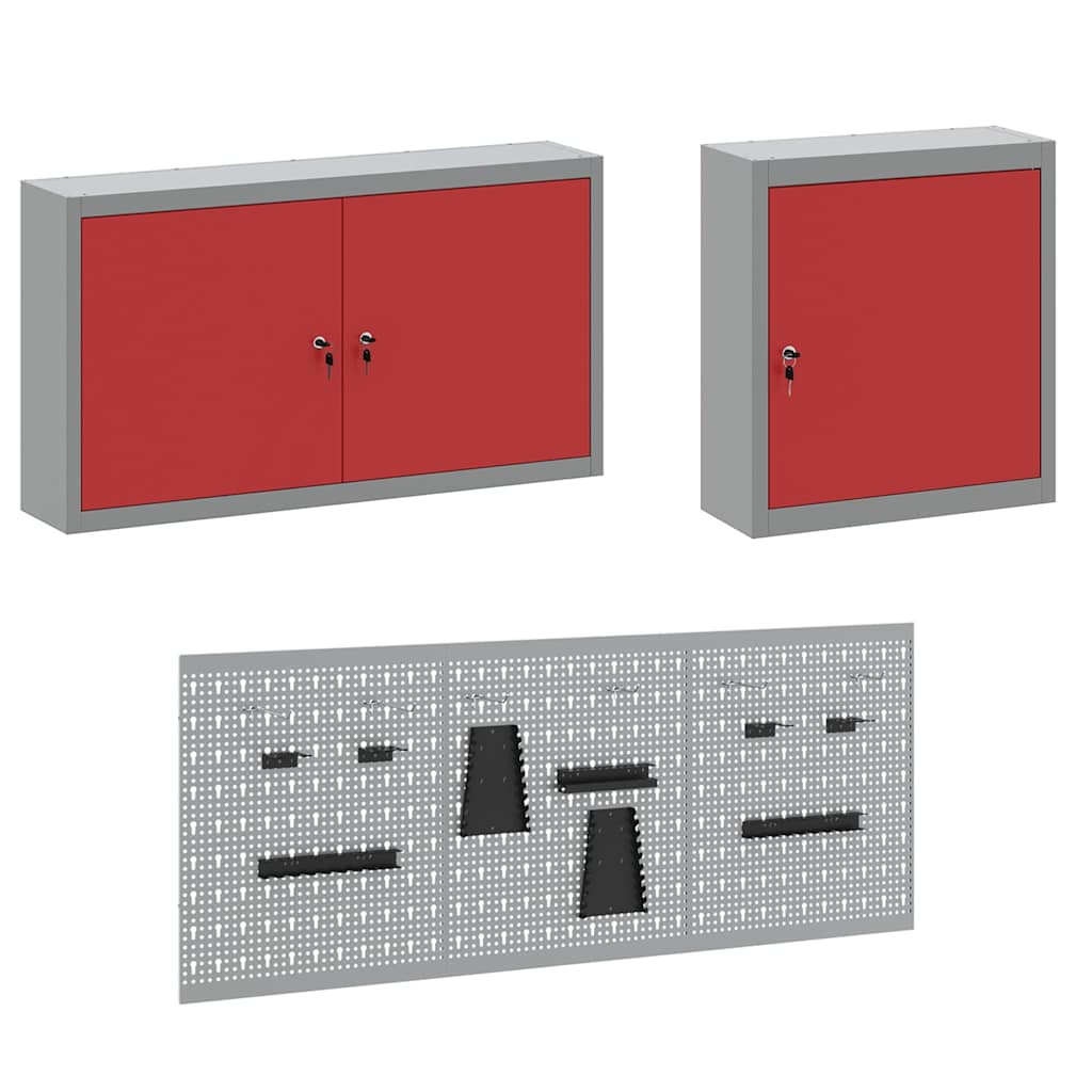 Work Cabinet with Drawer 8 pcs Red Engineered Wood and Steel