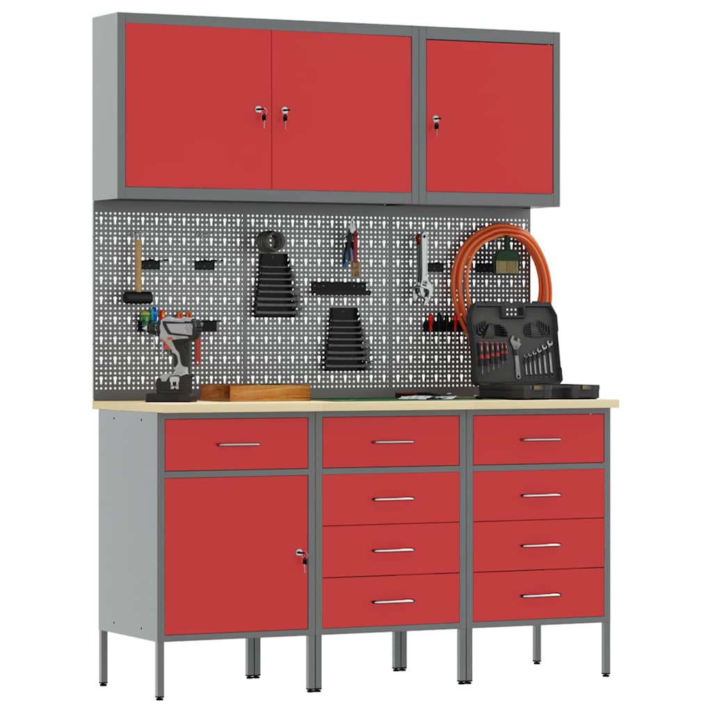 Work Cabinet with Drawer 8 pcs Red Engineered Wood and Steel