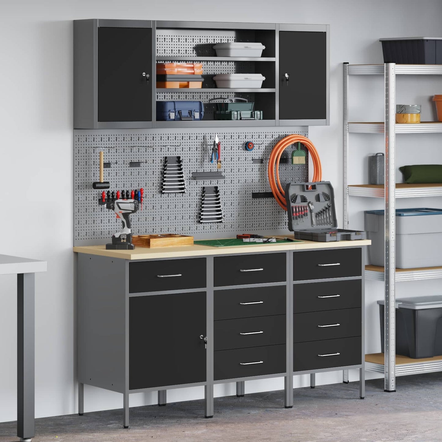 Work Cabinet with Drawer 7 pcs Black Engineered Wood and Steel