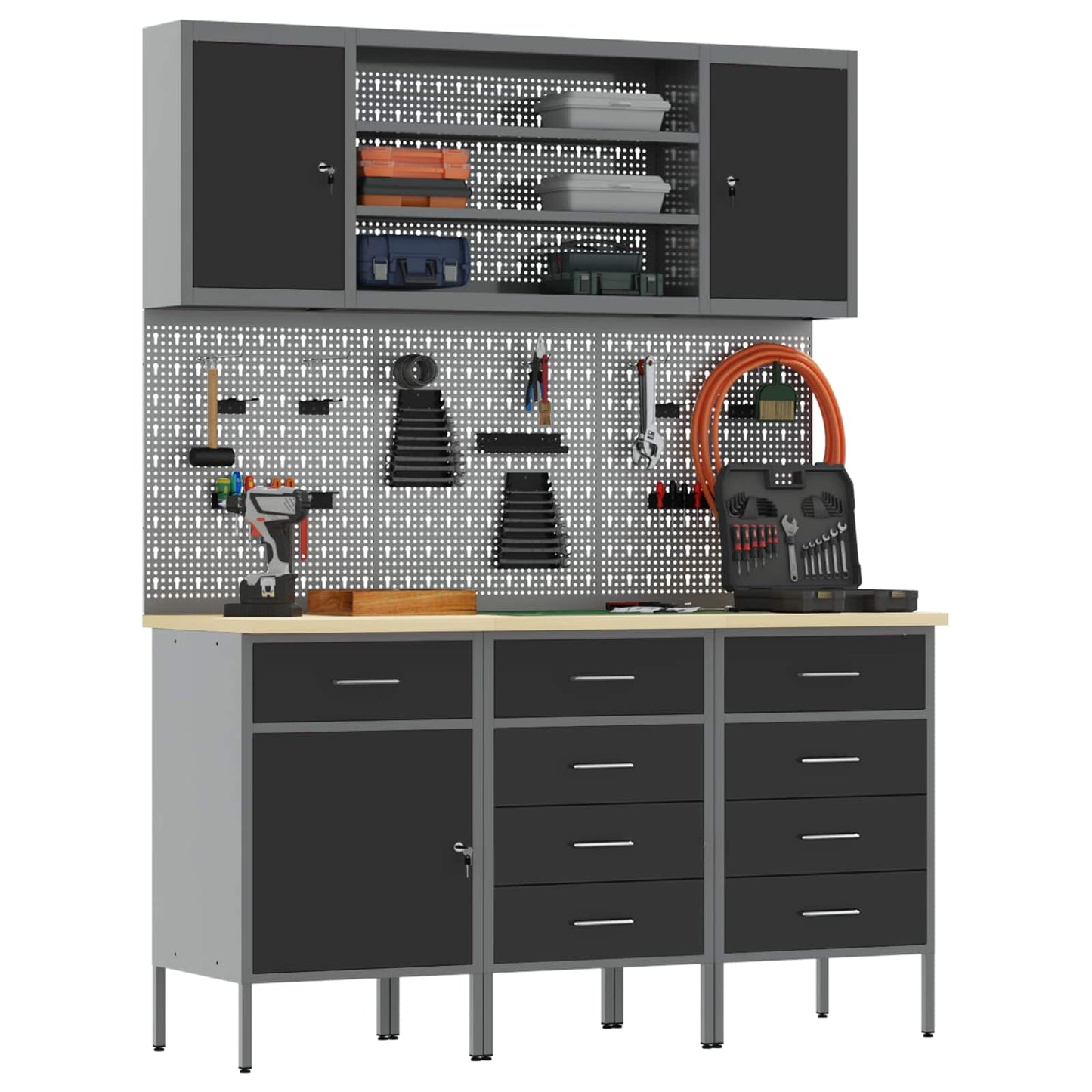 Work Cabinet with Drawer 7 pcs Black Engineered Wood and Steel