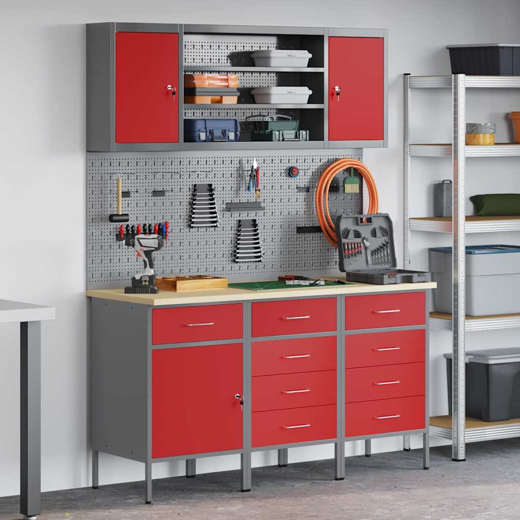 Work Cabinet with Drawer 7 pcs Red Engineered Wood and Steel