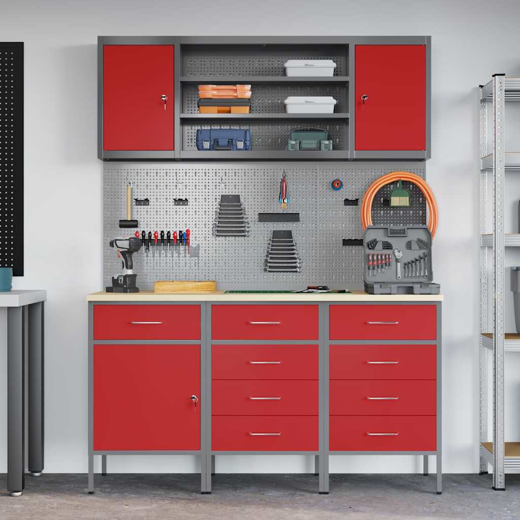 Work Cabinet with Drawer 7 pcs Red Engineered Wood and Steel