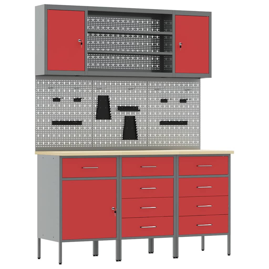 Work Cabinet with Drawer 7 pcs Red Engineered Wood and Steel