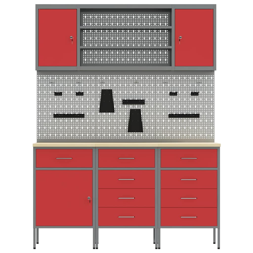 Work Cabinet with Drawer 7 pcs Red Engineered Wood and Steel