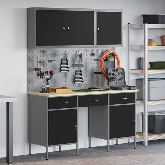 Work Cabinet with Drawer 10 pcs Black Engineered Wood and Steel