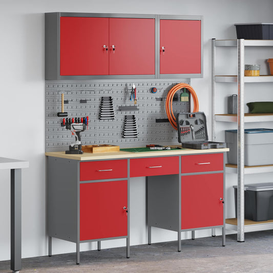 Work Cabinet 8 pcs Red and Grey Engineered Wood and Steel
