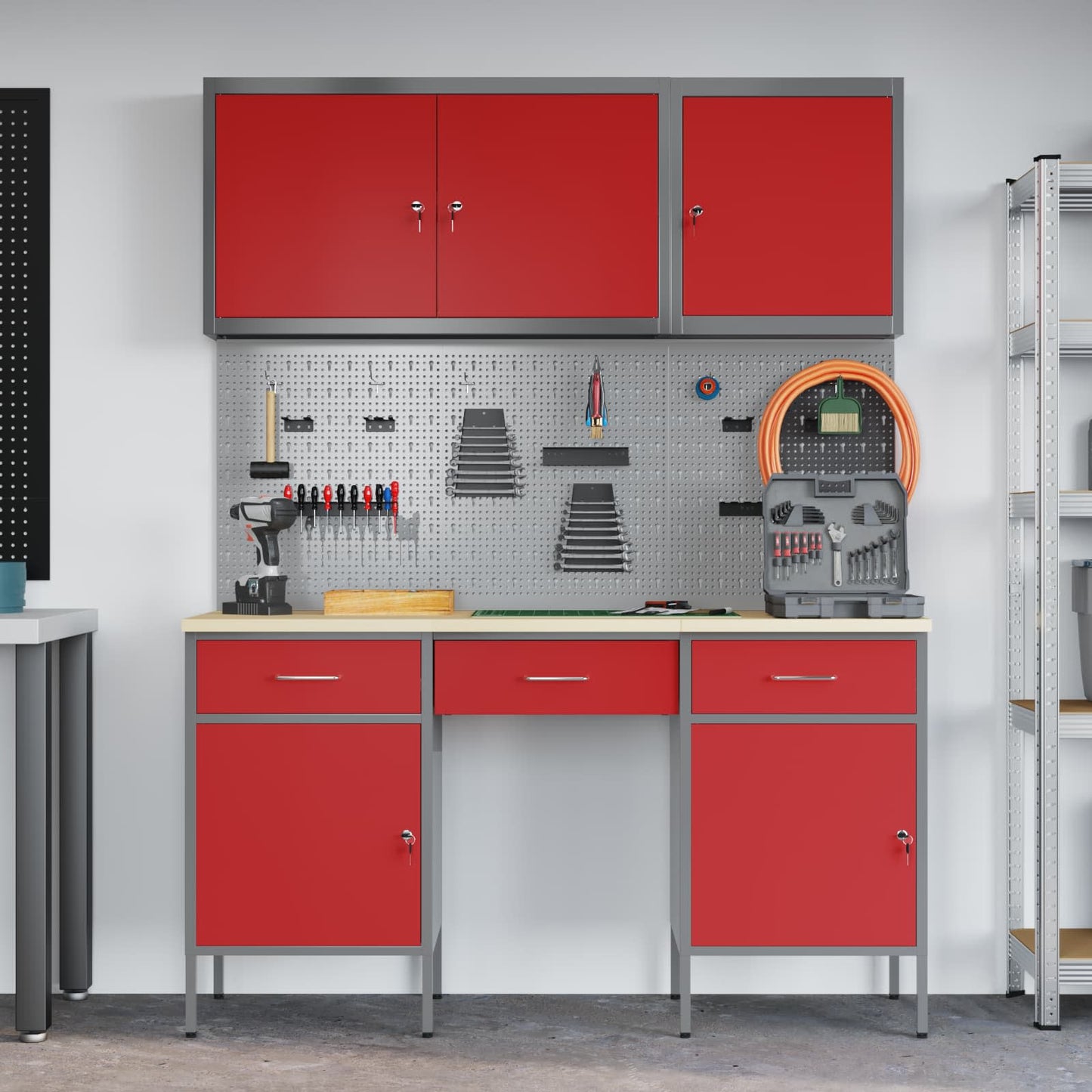 Work Cabinet 8 pcs Red and Grey Engineered Wood and Steel