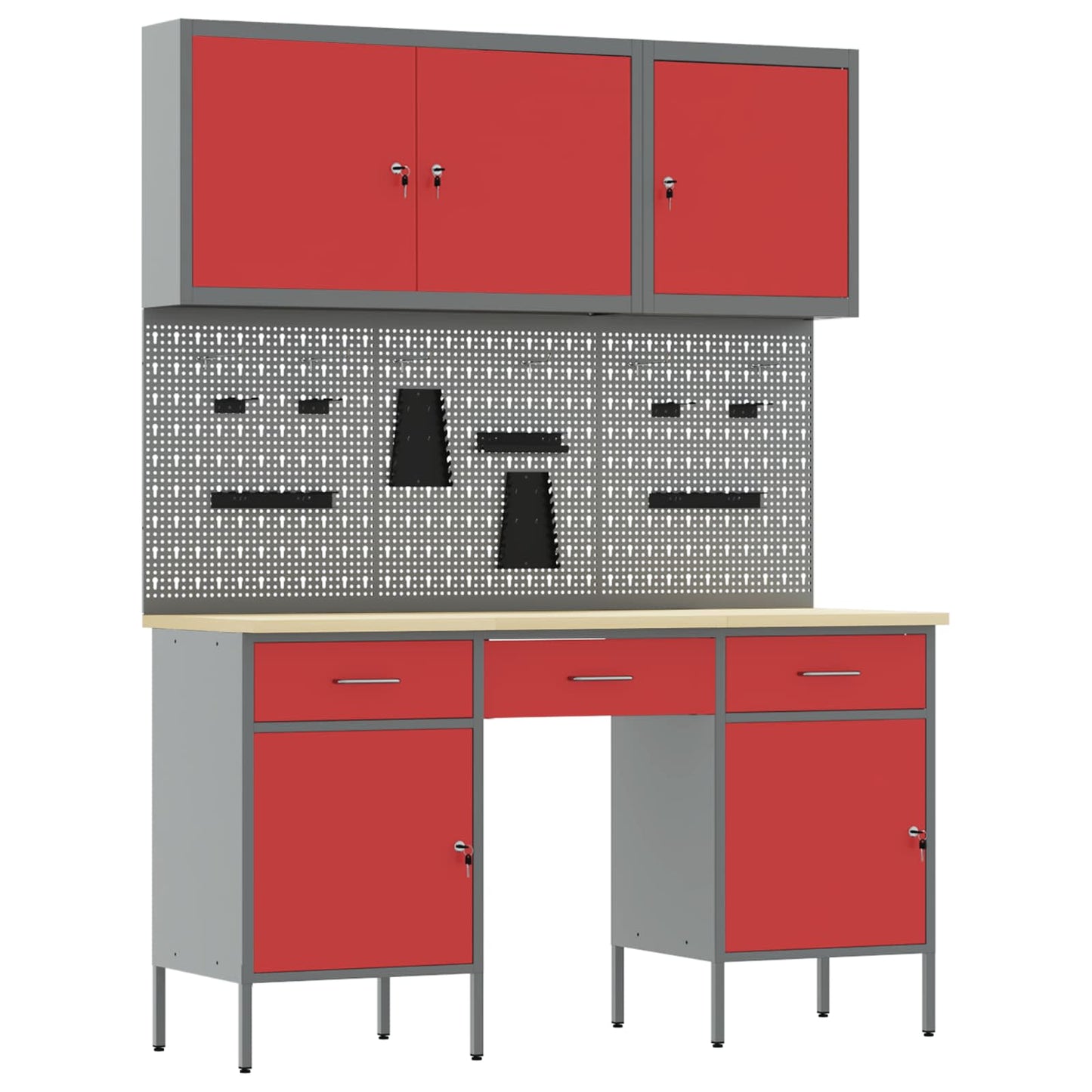 Work Cabinet 8 pcs Red and Grey Engineered Wood and Steel