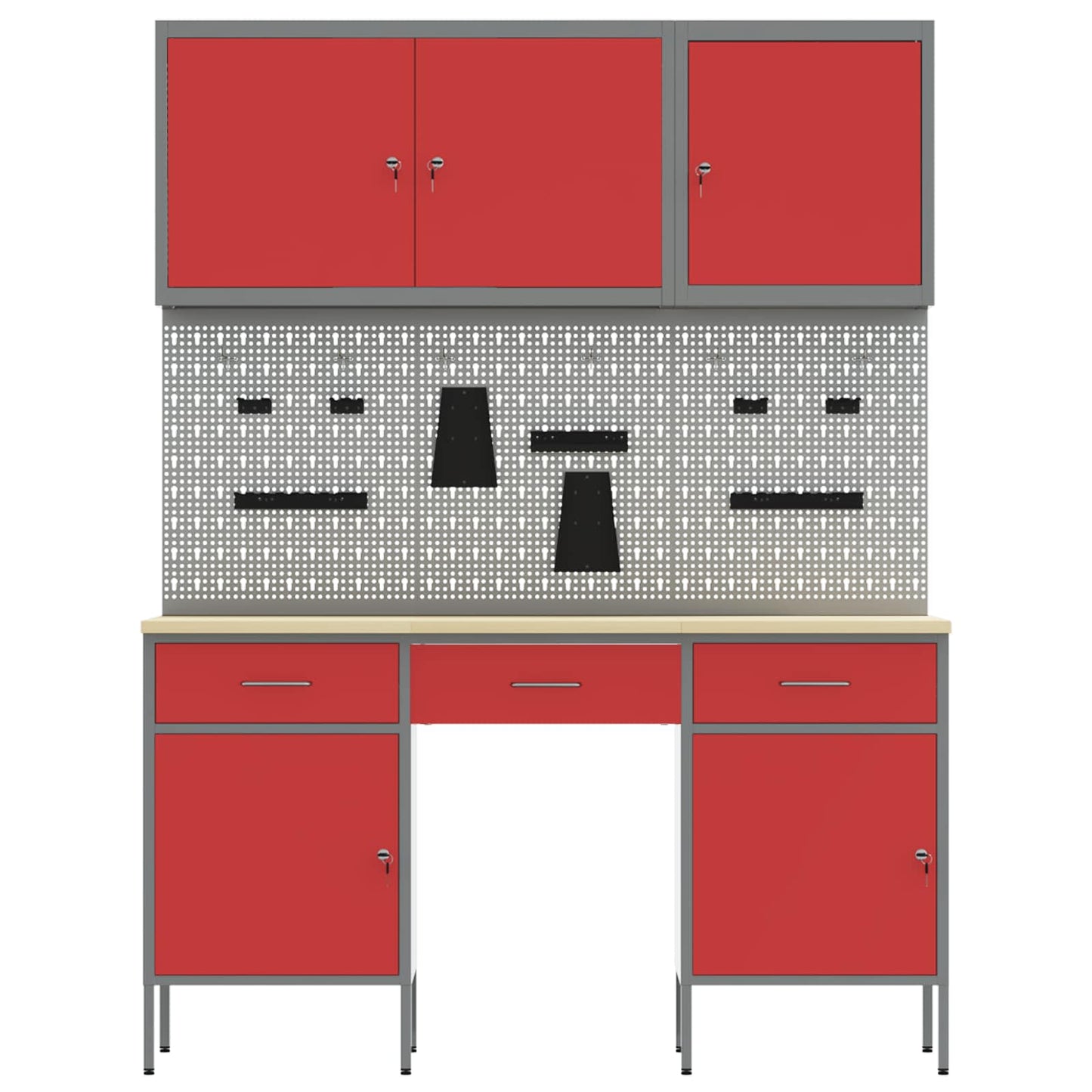 Work Cabinet 8 pcs Red and Grey Engineered Wood and Steel