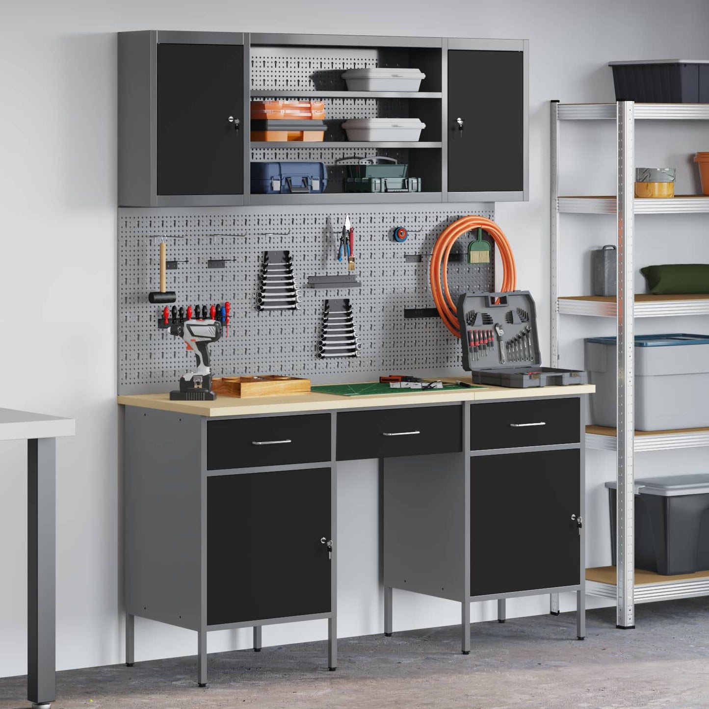 Work Cabinet with Drawer 10 pcs Black Engineered Wood and Steel