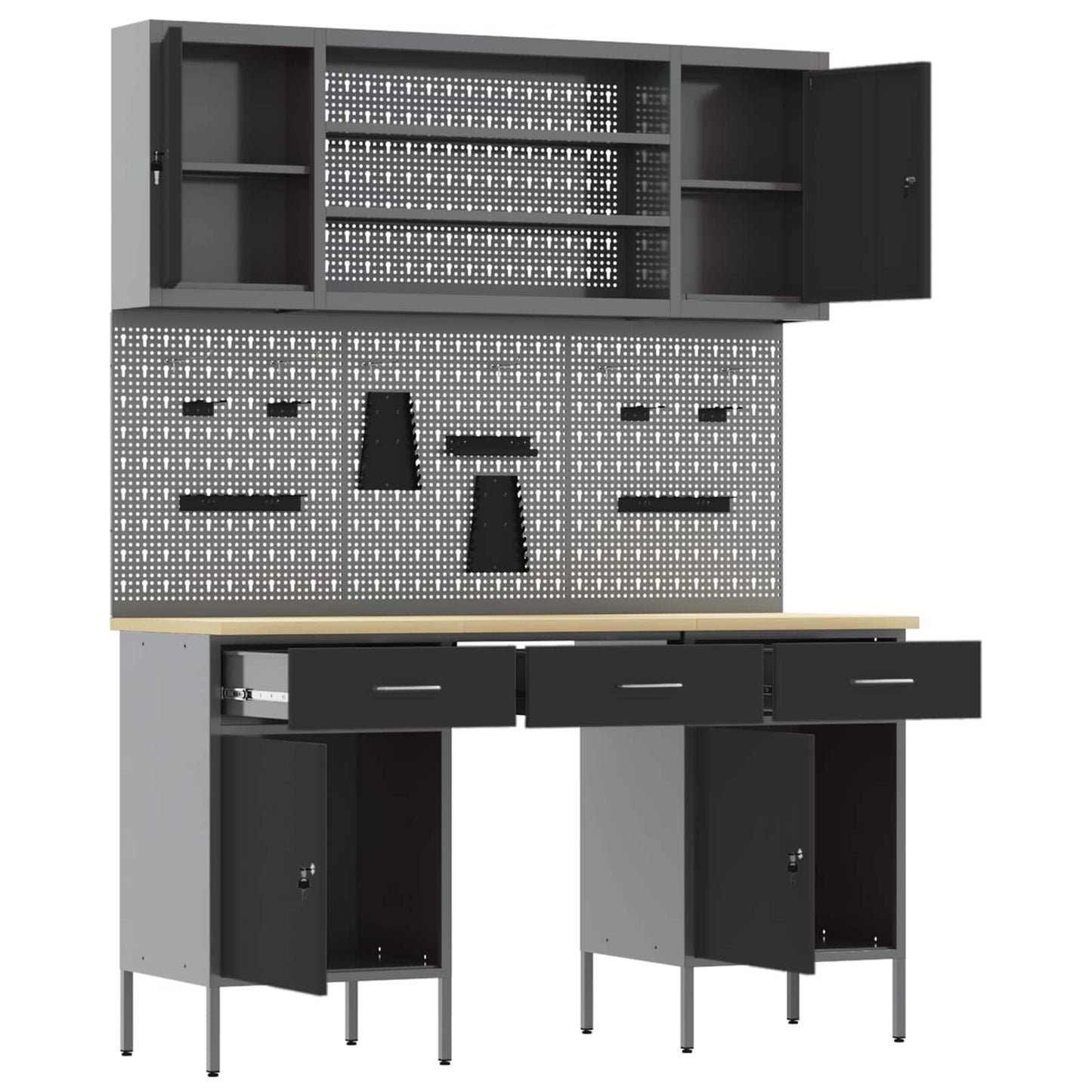 Work Cabinet with Drawer 10 pcs Black Engineered Wood and Steel