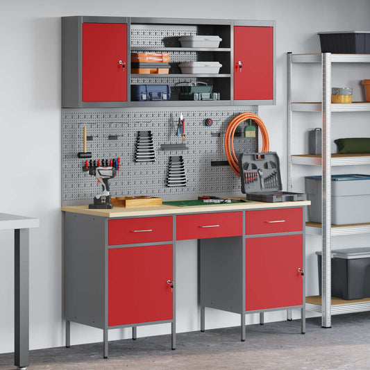 Work Cabinet 7 pcs Red and Grey Engineered Wood and Steel