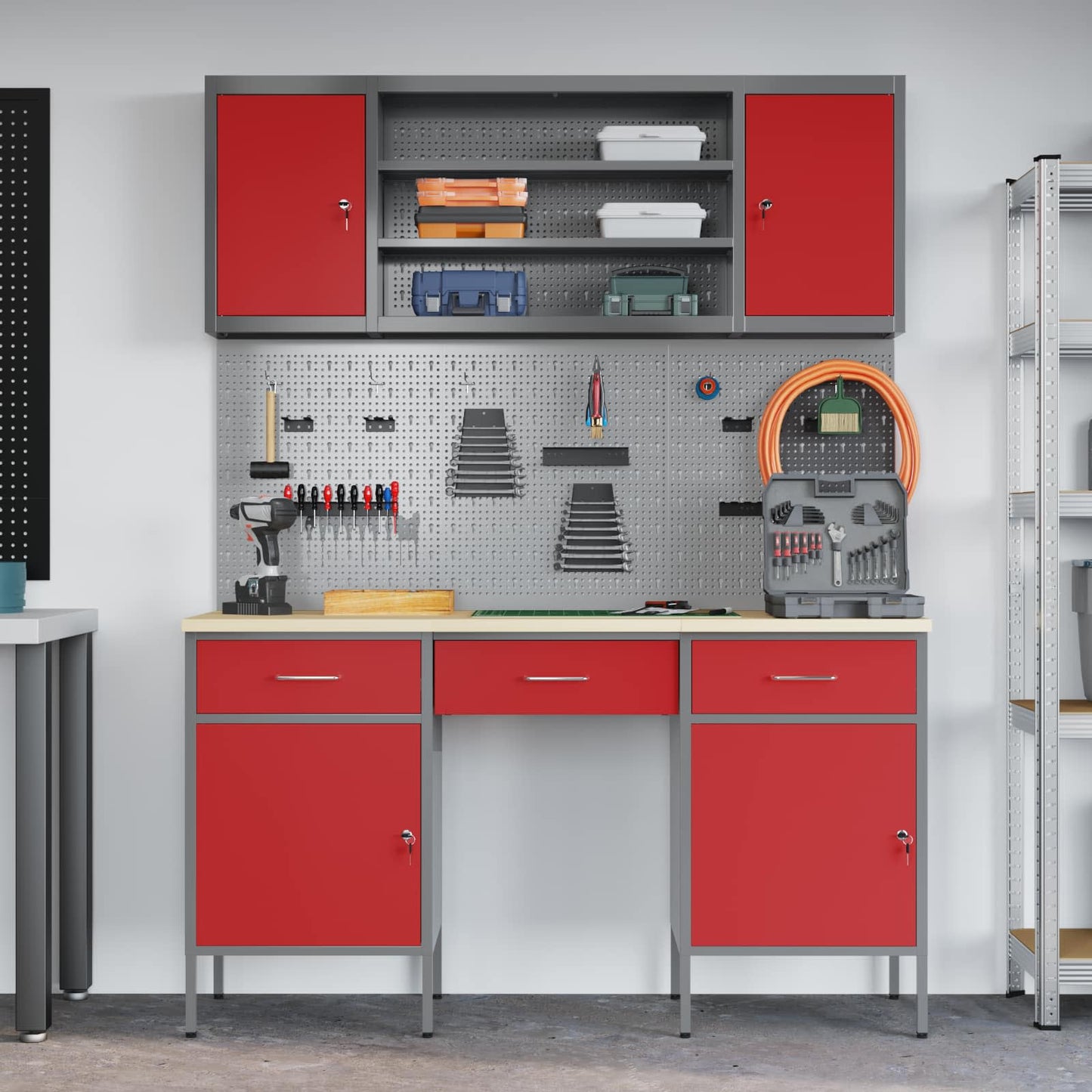 Work Cabinet 7 pcs Red and Grey Engineered Wood and Steel