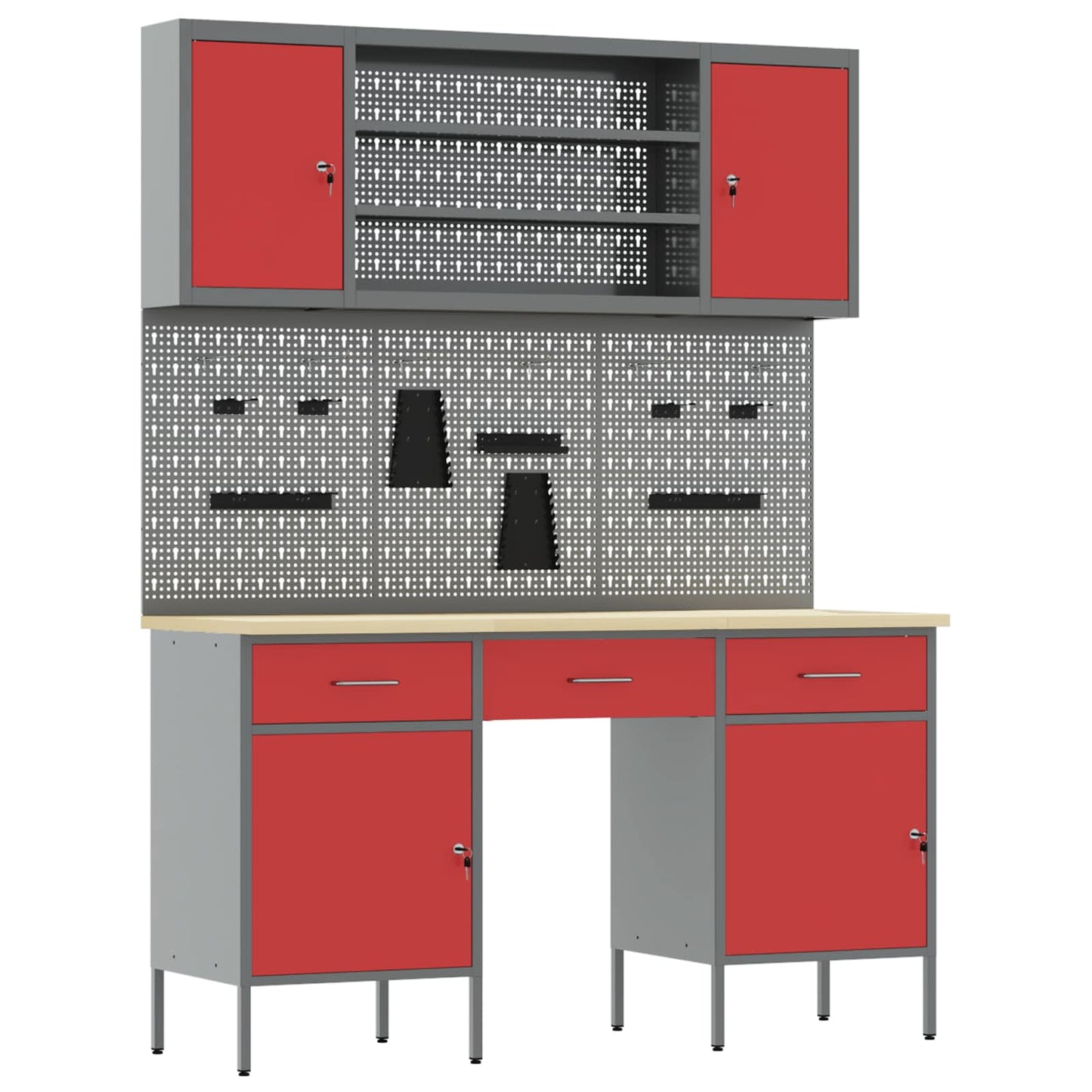 Work Cabinet 7 pcs Red and Grey Engineered Wood and Steel