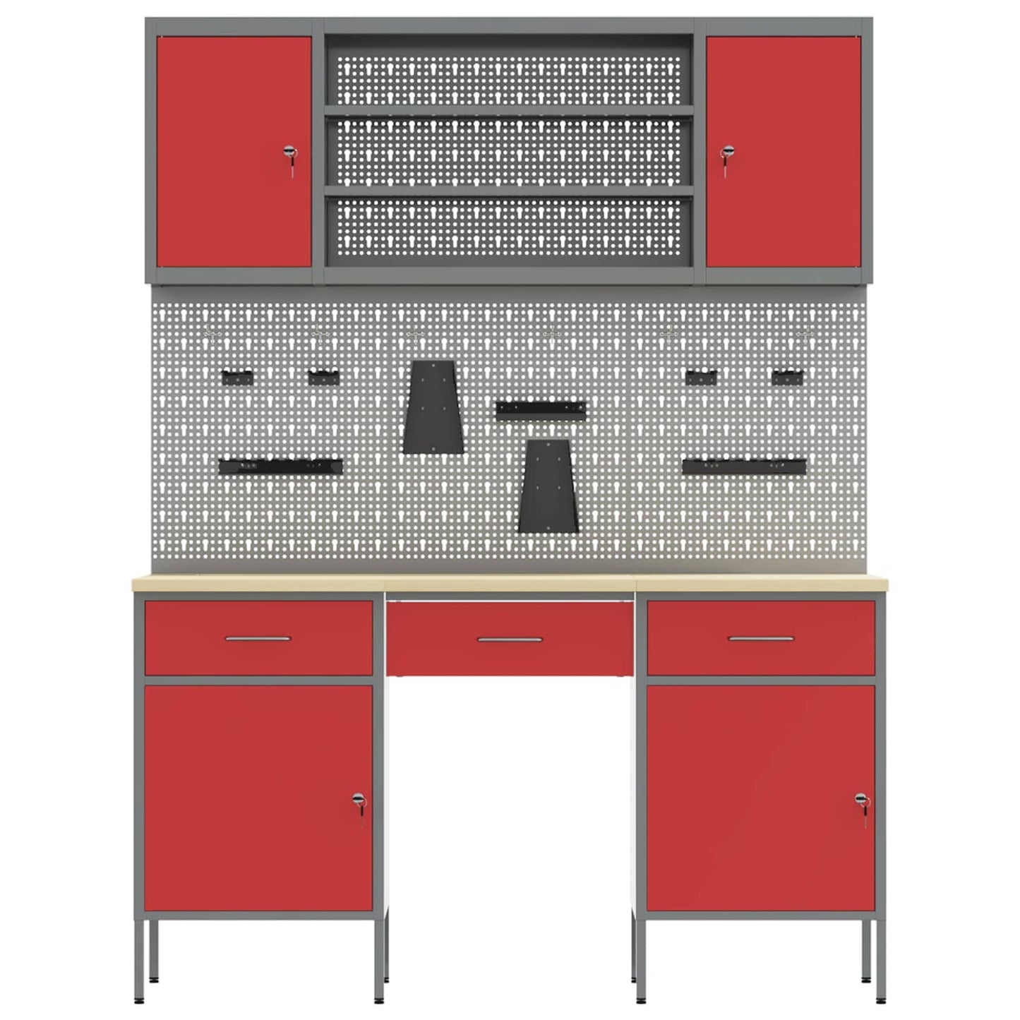 Work Cabinet 7 pcs Red and Grey Engineered Wood and Steel