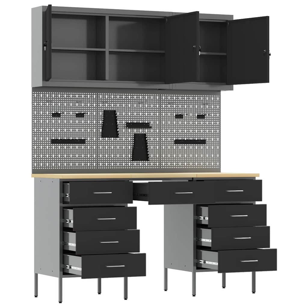 vidaXL Work Cabinet with Drawer 8 pcs Black 150 x 55 x 200 cm
