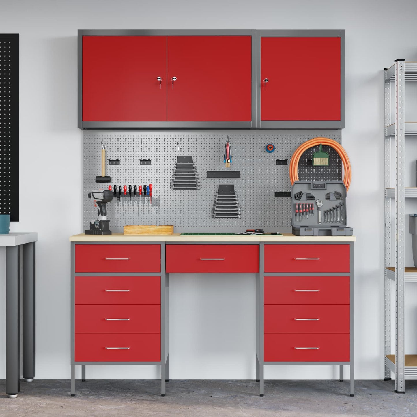 Work Cabinet with Drawer 8 pcs Red Engineered Wood and Steel
