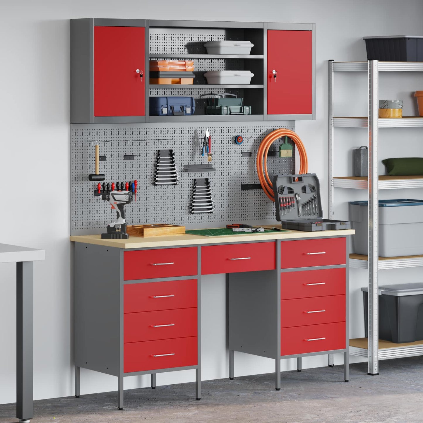 Work Cabinet with Drawer 8 pcs Red Engineered Wood and Steel