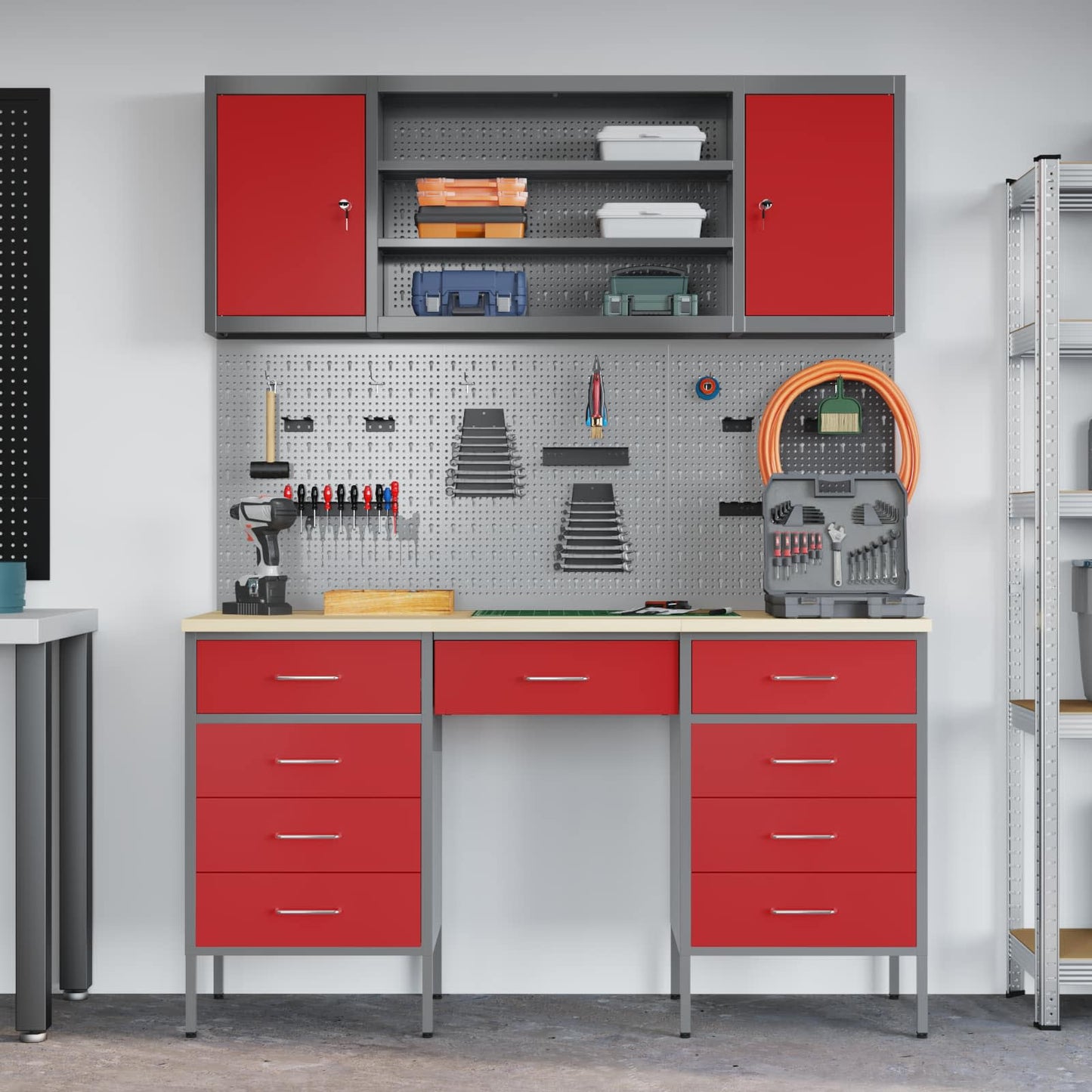 Work Cabinet with Drawer 8 pcs Red Engineered Wood and Steel