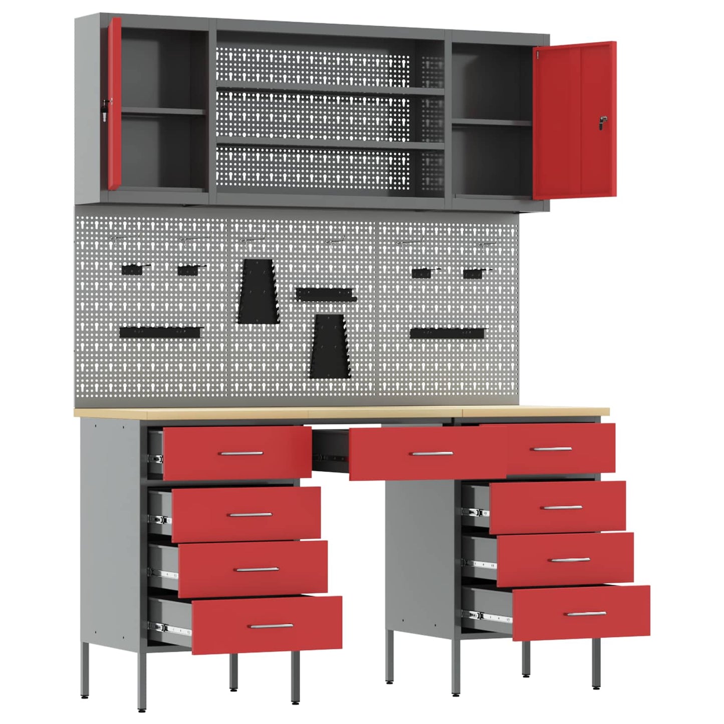 Work Cabinet with Drawer 8 pcs Red Engineered Wood and Steel